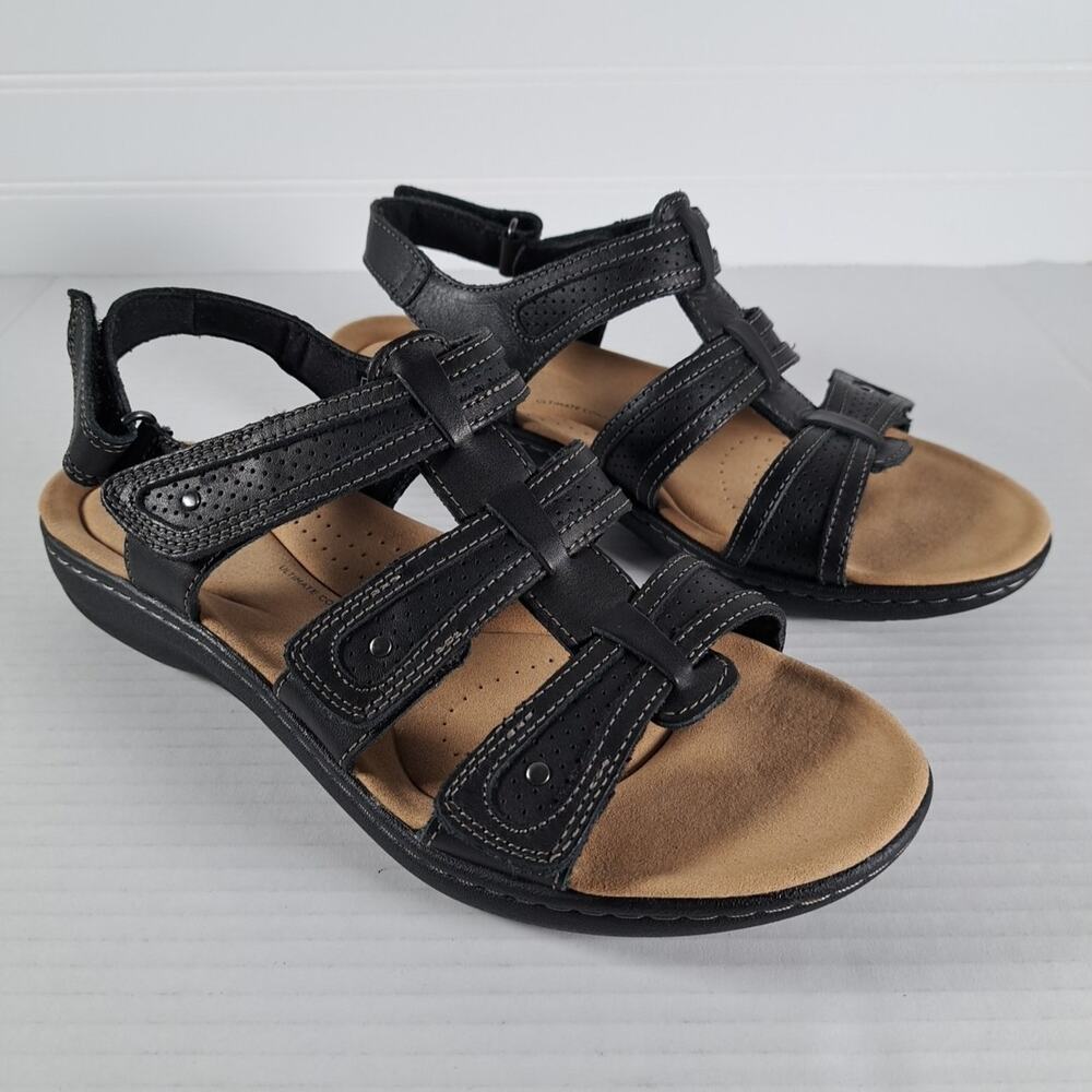 Clarks Laurieann Ivy Sandals Womens 8W 8 Wide Black Leather Strappy Comfort